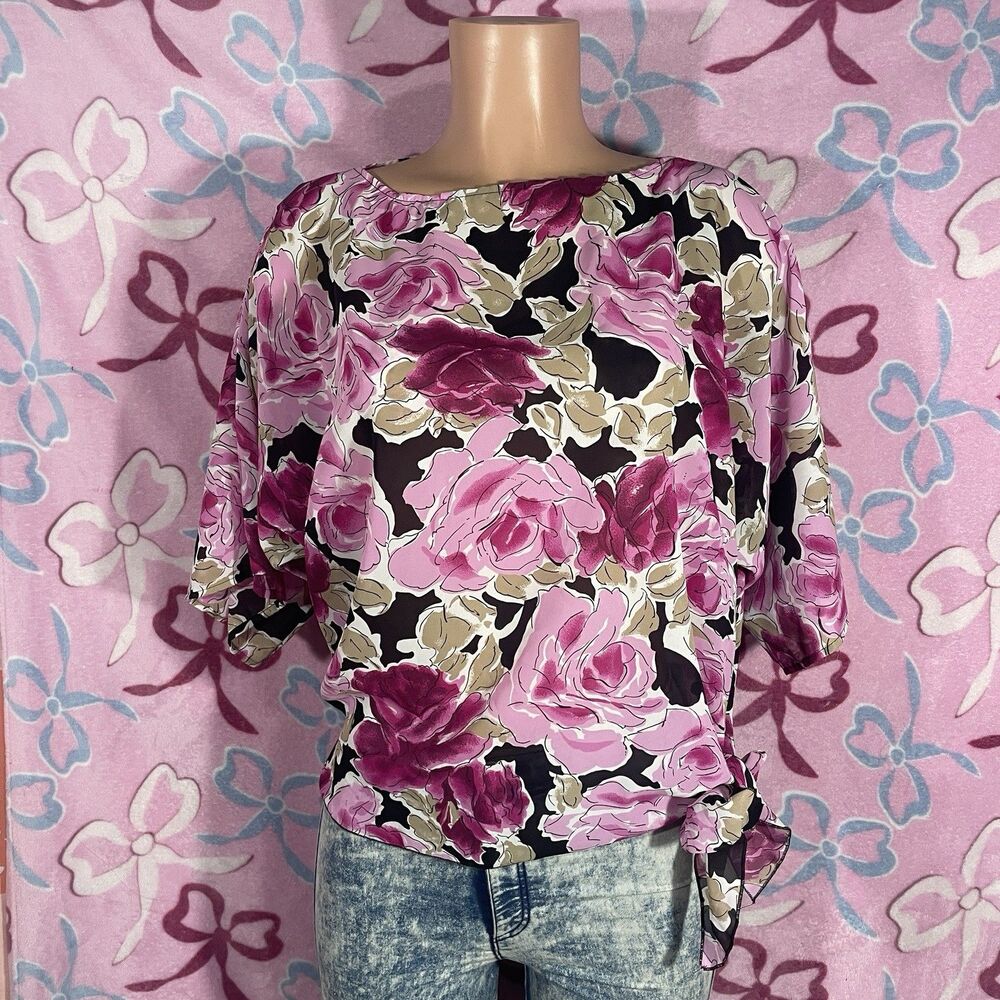 Vintage Teddi Of California 3/4 Half Sleeve Blouse Side Tie bow Size Medium